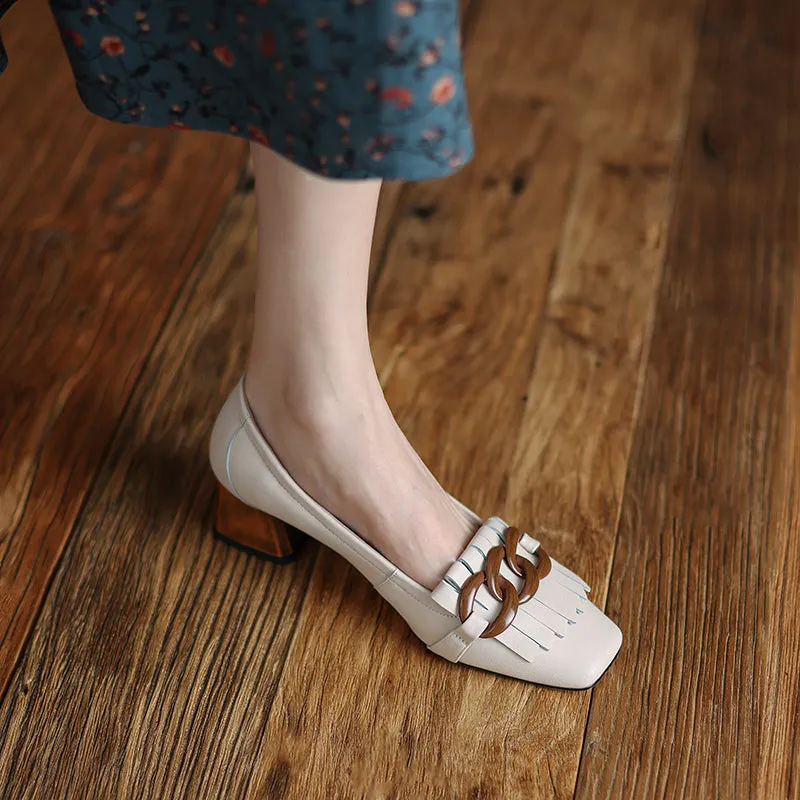 Abby White Square Toe Heels with Chain