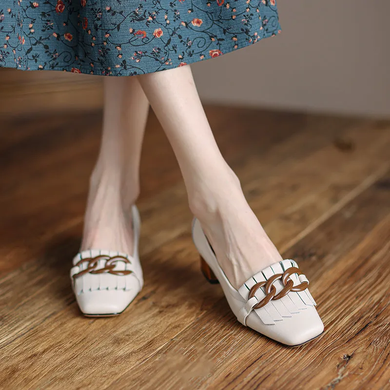 Abby White Square Toe Heels with Chain
