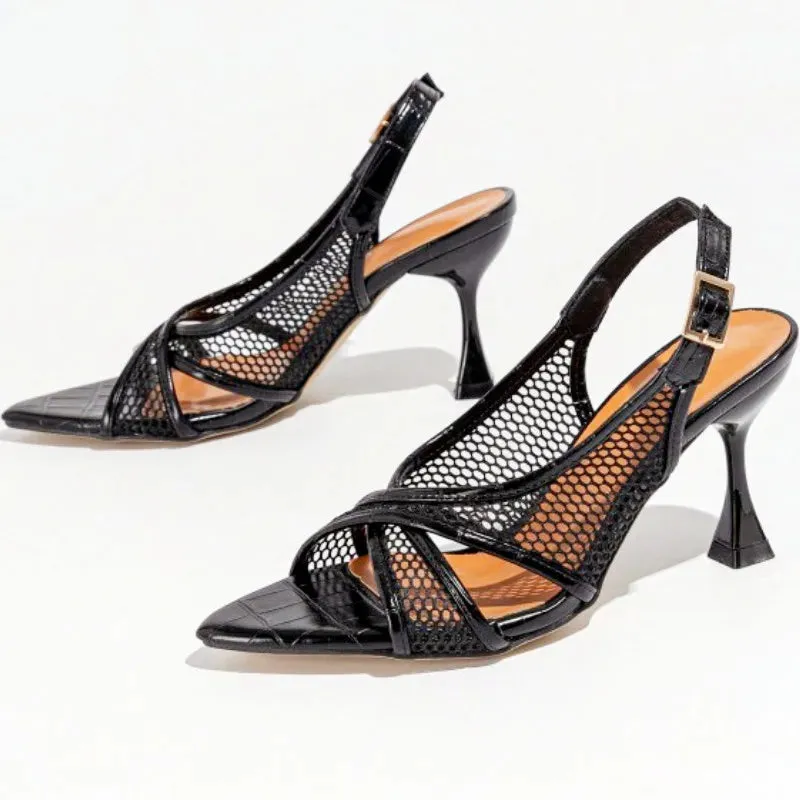 ADVBRIDGE  -  Mesh Pointed Toe Thin High Heel Women Sandals Fashion Patent Leather buckle strap Large Size Women Shoes Sexy Banquet Party Shoe