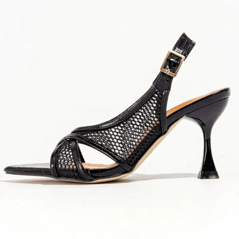 ADVBRIDGE  -  Mesh Pointed Toe Thin High Heel Women Sandals Fashion Patent Leather buckle strap Large Size Women Shoes Sexy Banquet Party Shoe