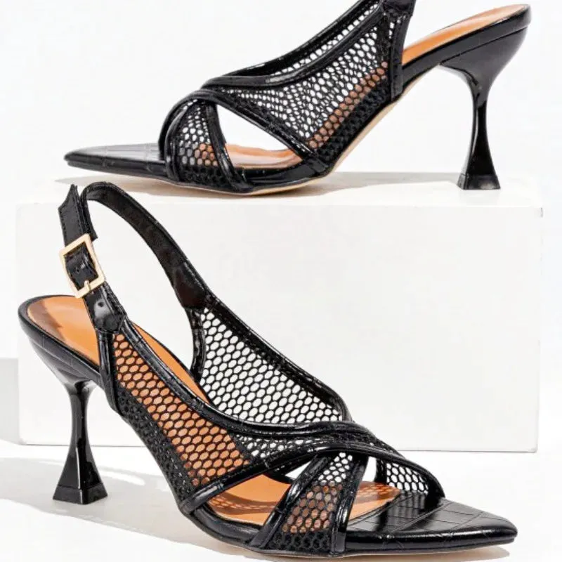 ADVBRIDGE  -  Mesh Pointed Toe Thin High Heel Women Sandals Fashion Patent Leather buckle strap Large Size Women Shoes Sexy Banquet Party Shoe