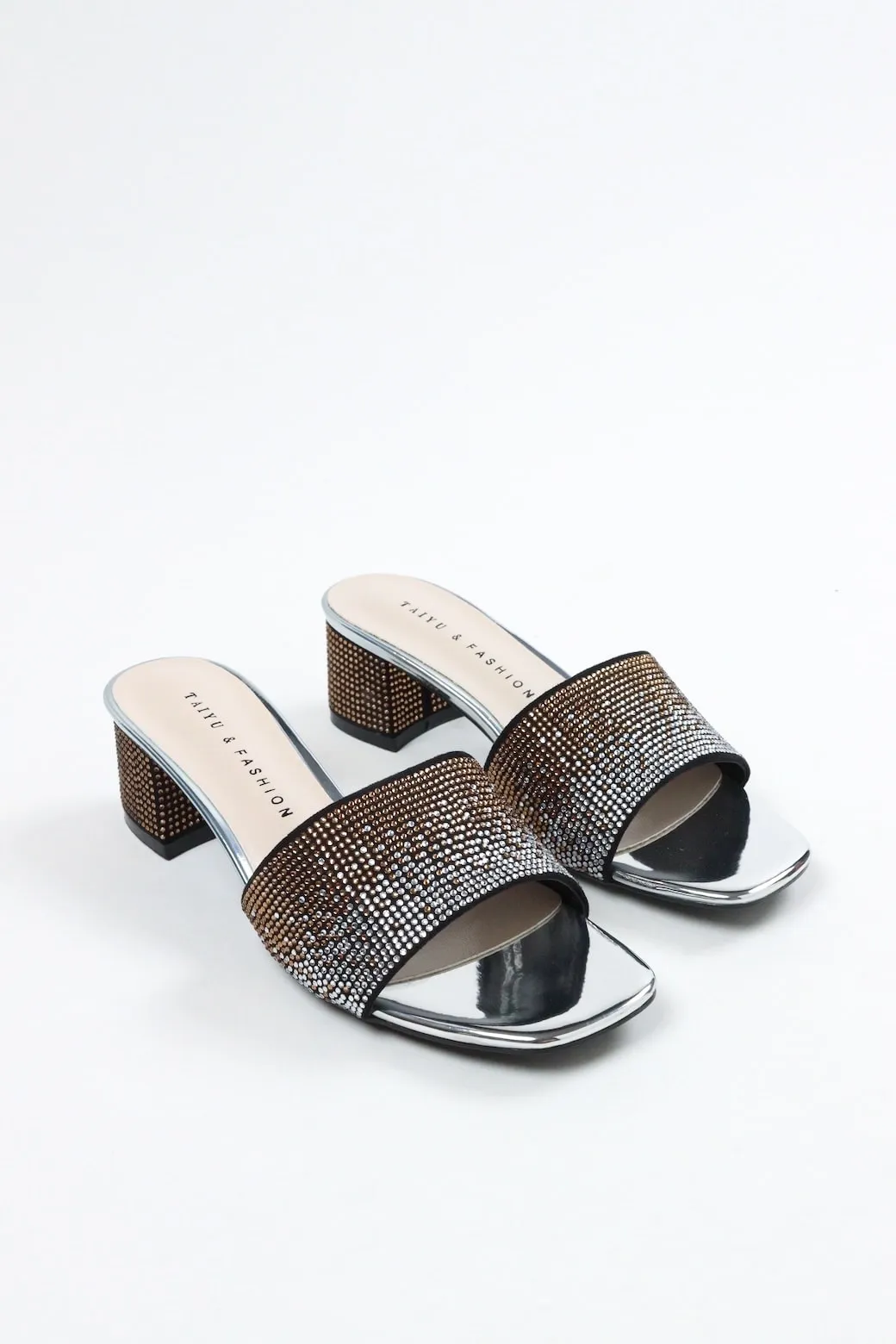 Aimeigao - Women's Diamond Embellished Block Heels - Silver