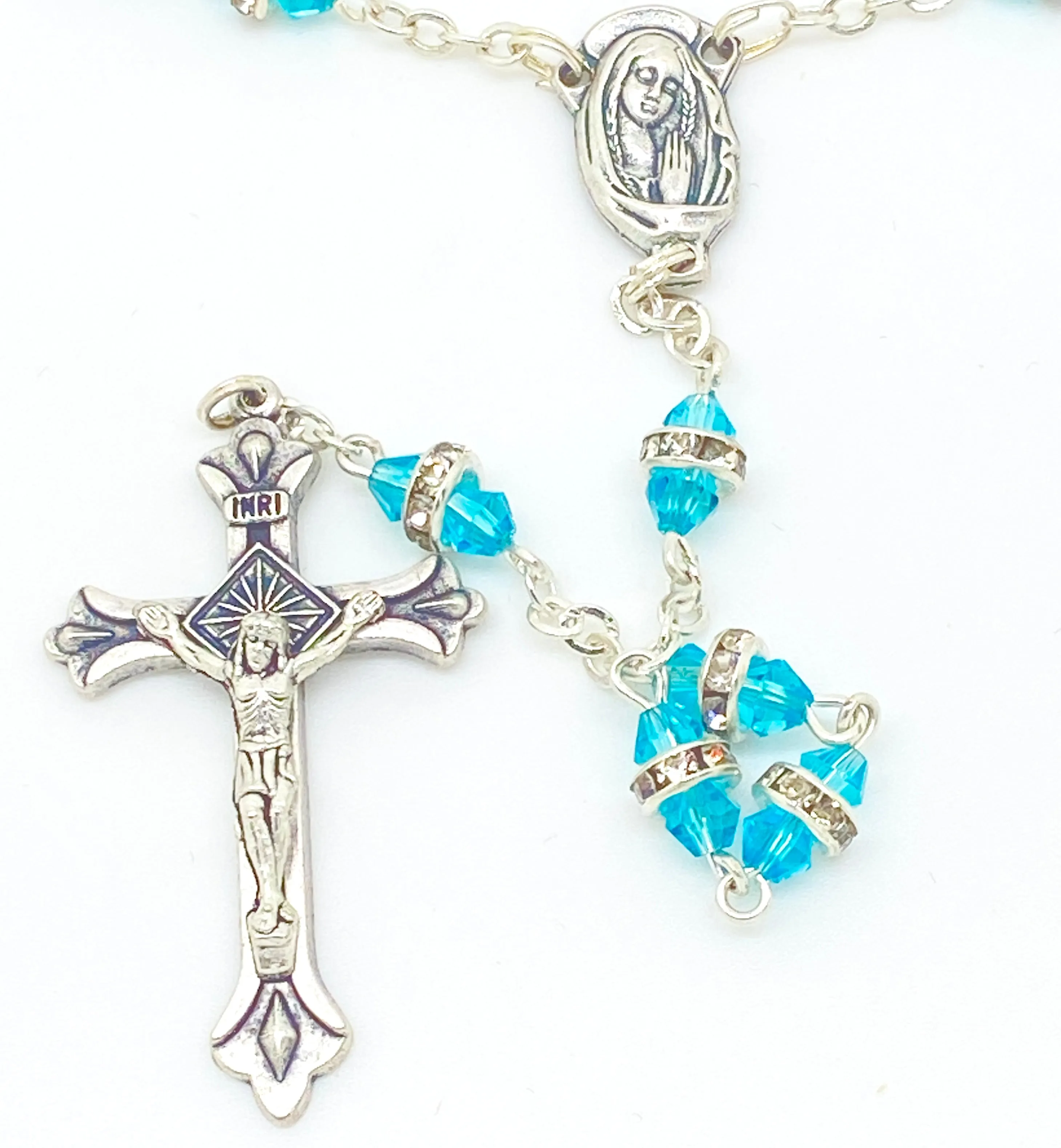 Aqua Rosary with Real Crystal Rondelle Beads