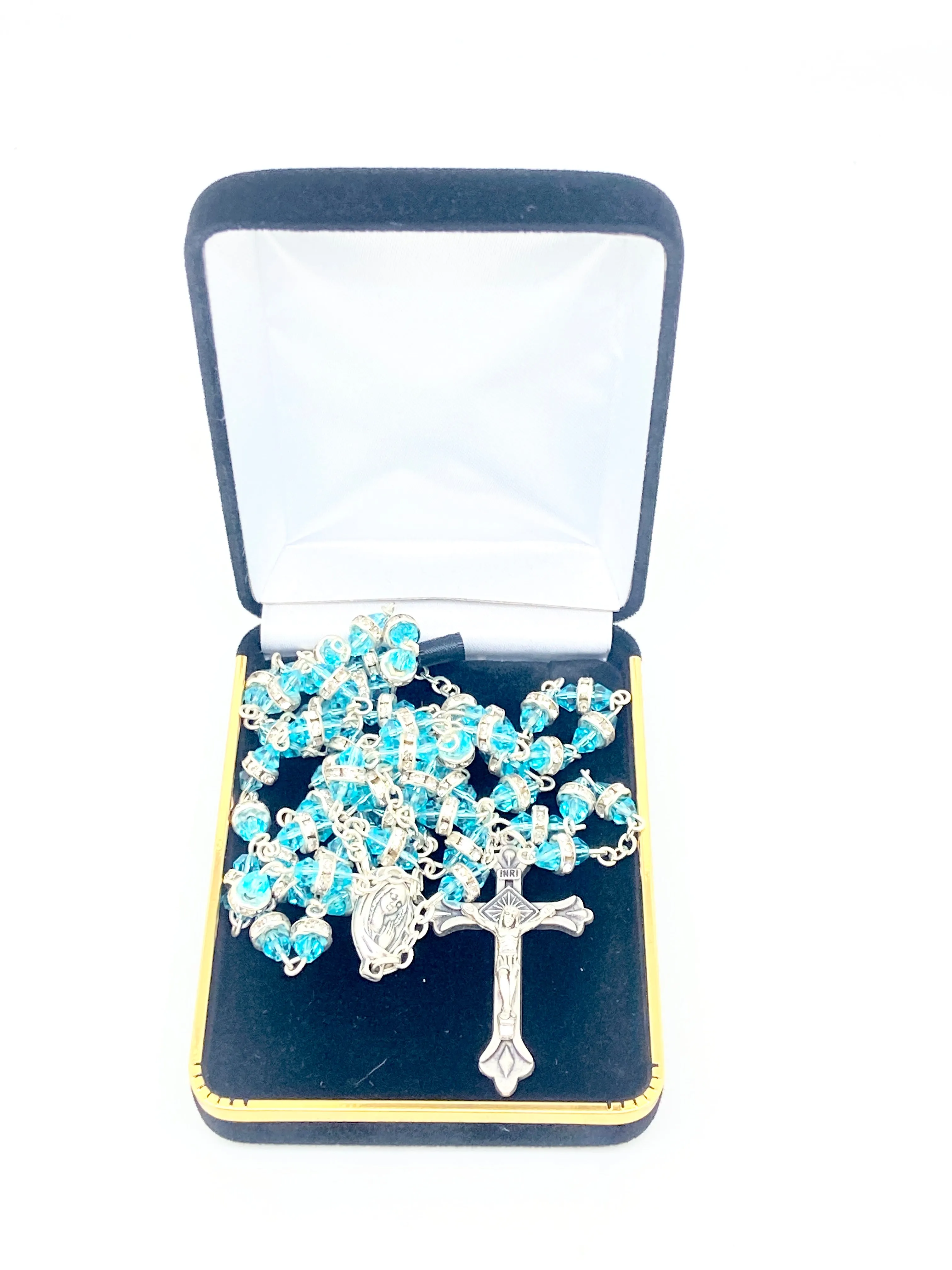 Aqua Rosary with Real Crystal Rondelle Beads