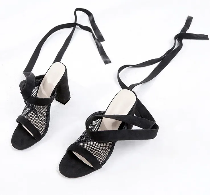 Bandage Flock Cross Strap Lace Up High Heel Sandals