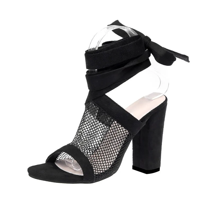 Bandage Flock Cross Strap Lace Up High Heel Sandals