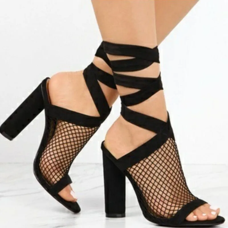 Bandage Flock Cross Strap Lace Up High Heel Sandals