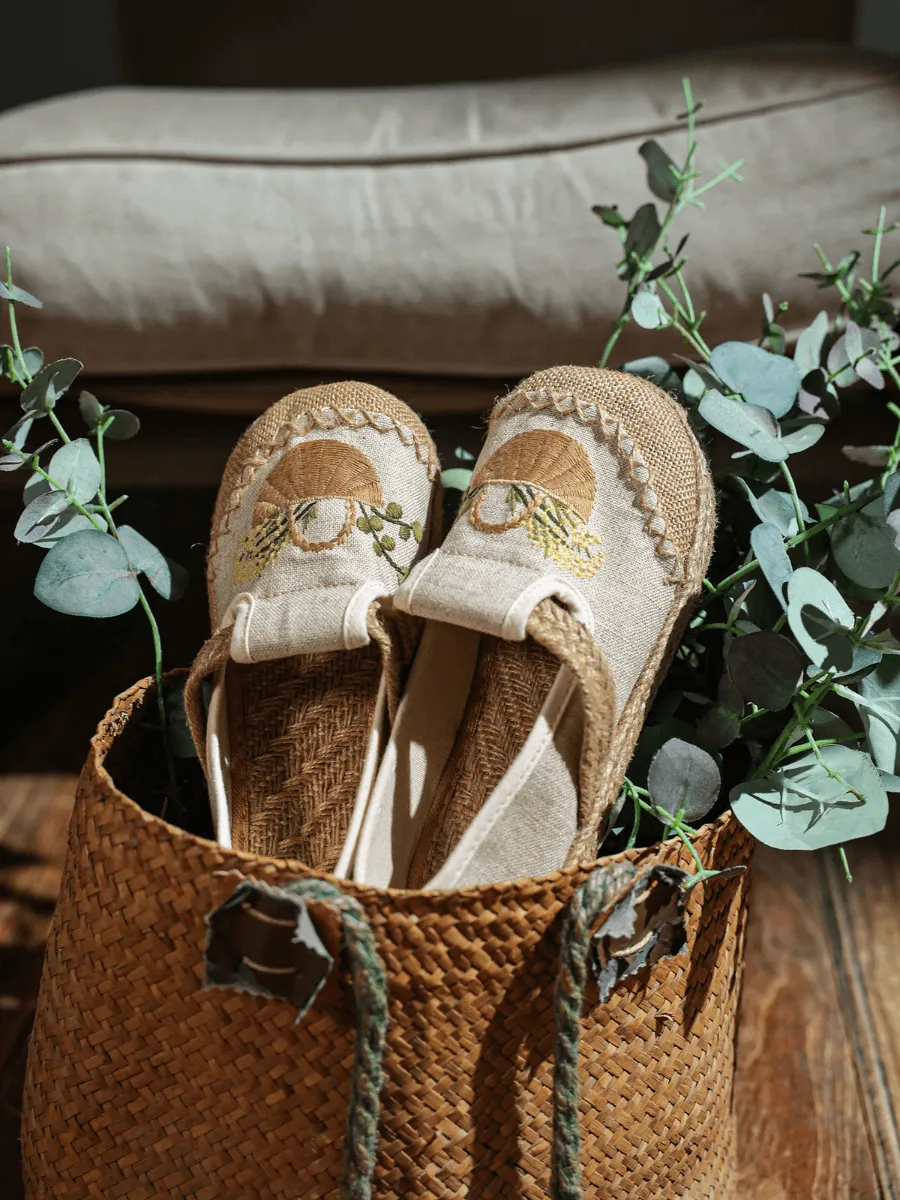 Basket Embroidered Linen Espadrille Loafer - Beige