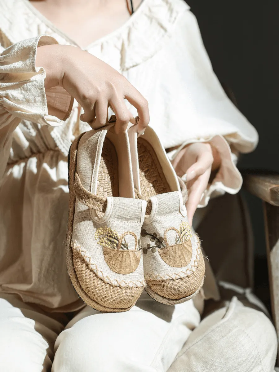 Basket Embroidered Linen Espadrille Loafer - Beige