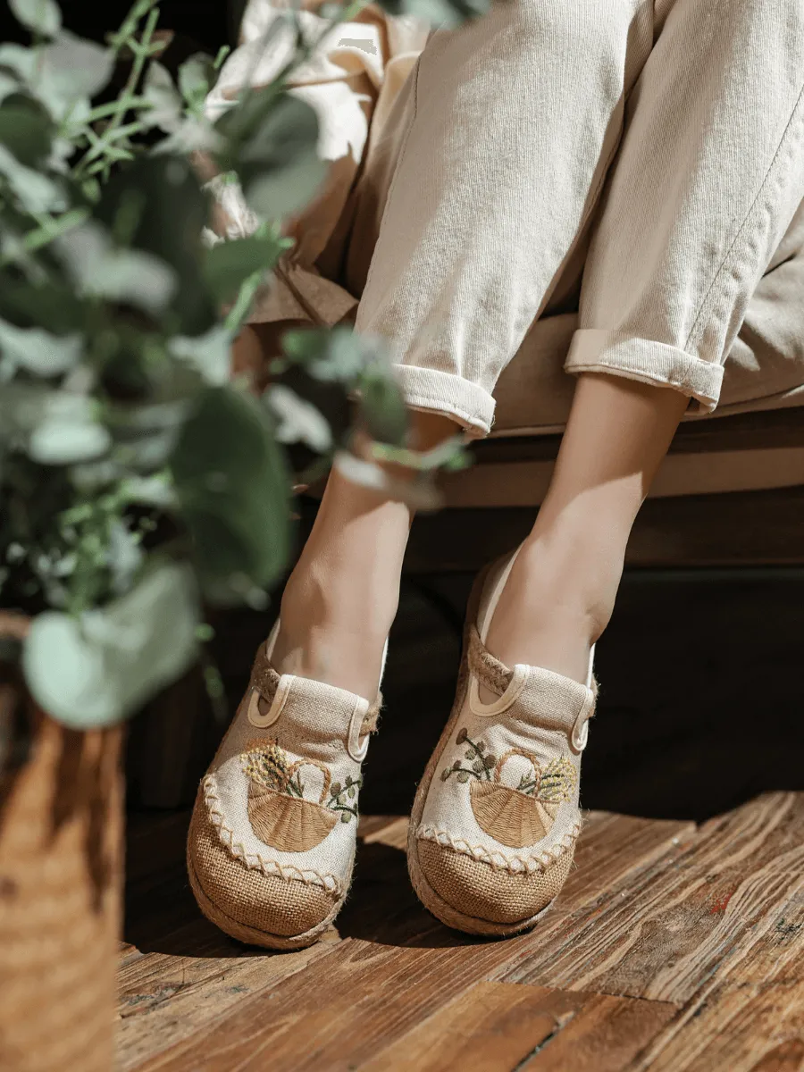 Basket Embroidered Linen Espadrille Loafer - Beige