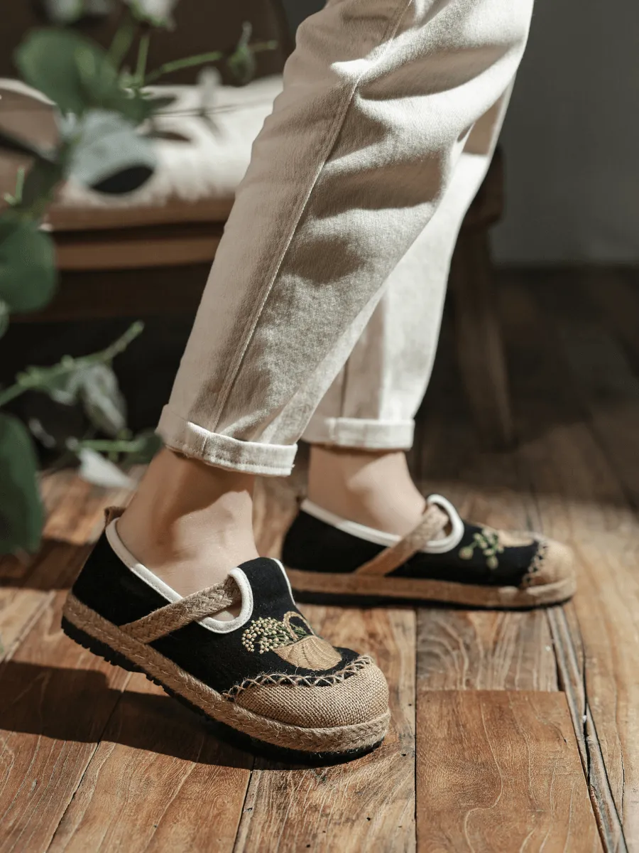 Basket Embroidered Linen Espadrille Loafer - Black