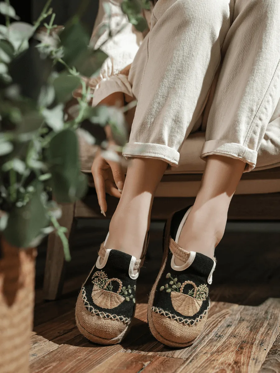 Basket Embroidered Linen Espadrille Loafer - Black