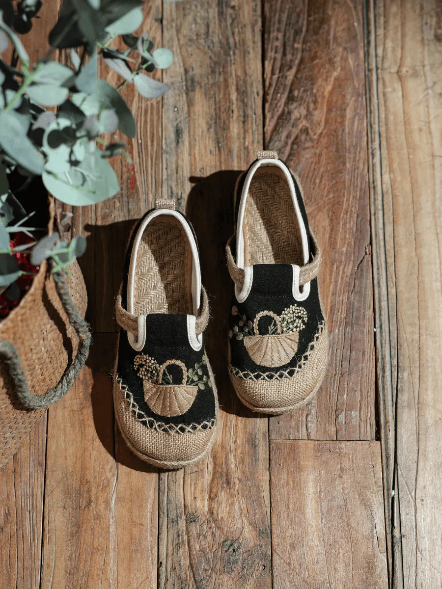 Basket Embroidered Linen Espadrille Loafer - Black