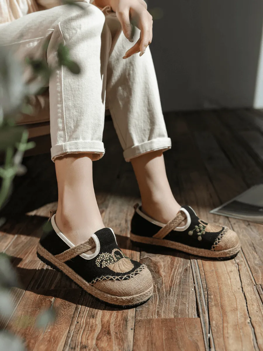 Basket Embroidered Linen Espadrille Loafer - Black