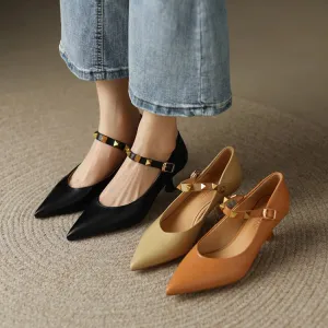 Beige Black Mid Heel Studded Mary Jane Pumps #001039