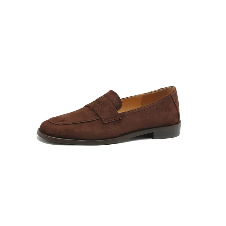 Beige Brown Rounded Toe Strap Loafers #001133