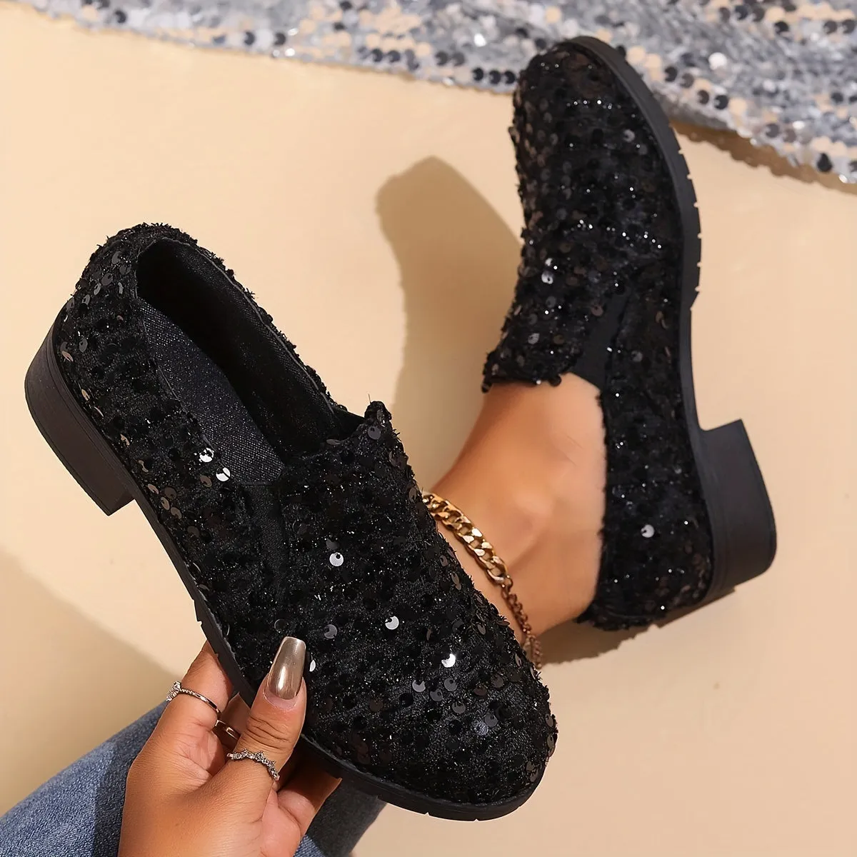 Black Sequin Loafers – Comfortable Slip-On Flats with Breathable Fabric