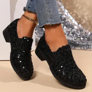 Black Sequin Loafers – Comfortable Slip-On Flats with Breathable Fabric