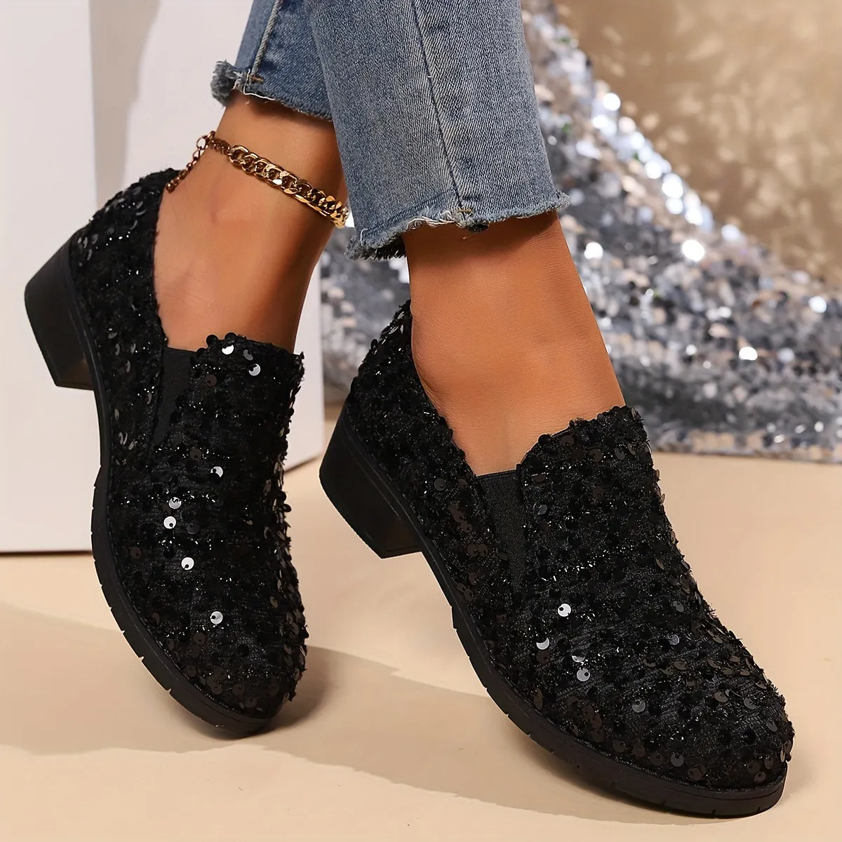 Black Sequin Loafers – Comfortable Slip-On Flats with Breathable Fabric