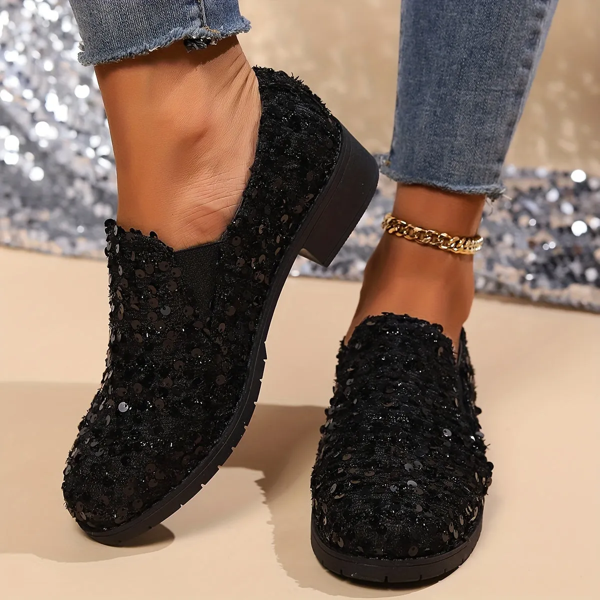 Black Sequin Loafers – Comfortable Slip-On Flats with Breathable Fabric