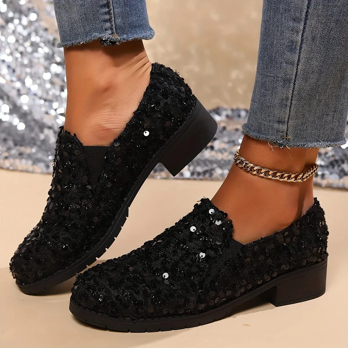 Black Sequin Loafers – Comfortable Slip-On Flats with Breathable Fabric