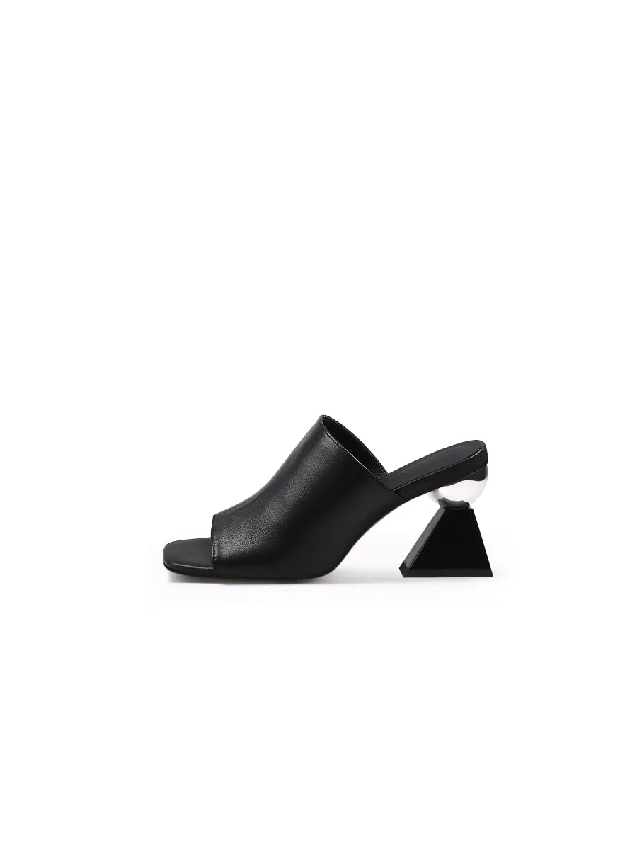Black Triangular-Crystal Mid Heel Leather Open Toe Mules Sandals