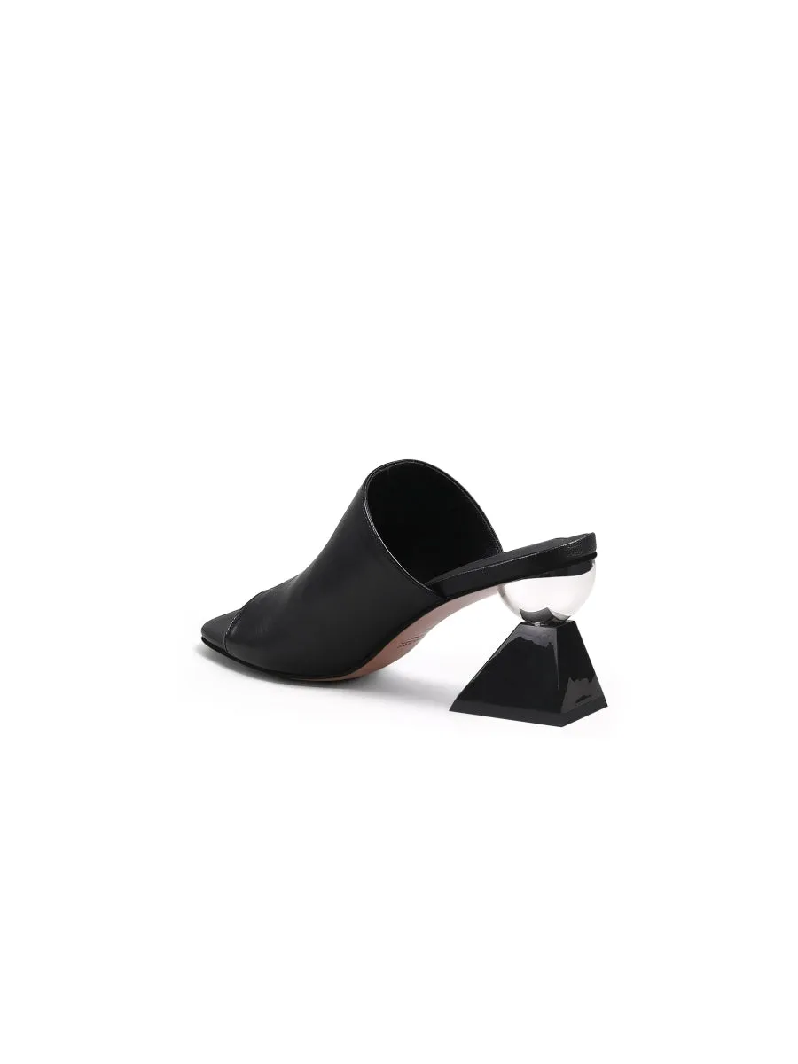 Black Triangular-Crystal Mid Heel Leather Open Toe Mules Sandals