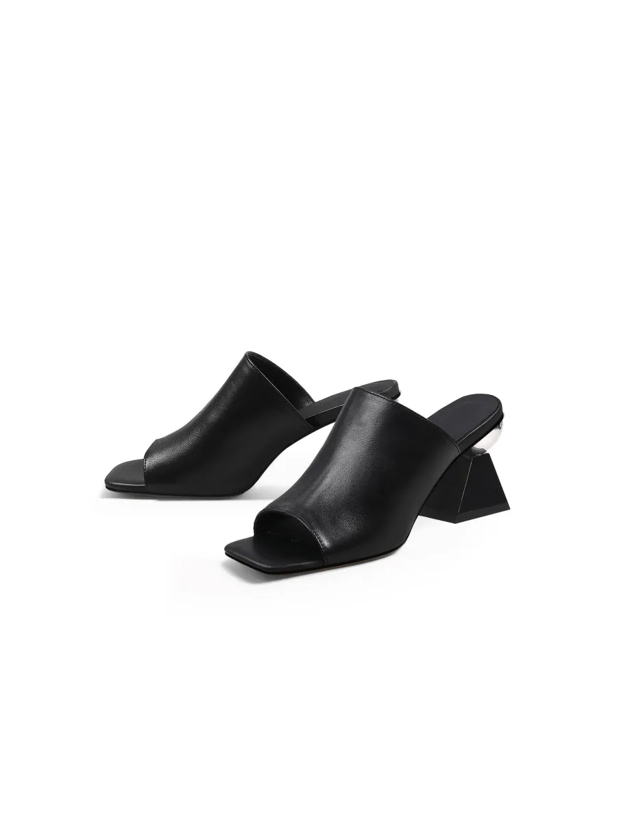 Black Triangular-Crystal Mid Heel Leather Open Toe Mules Sandals