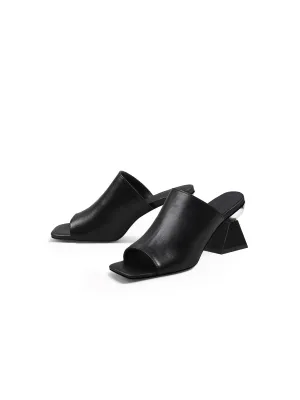 Black Triangular-Crystal Mid Heel Leather Open Toe Mules Sandals