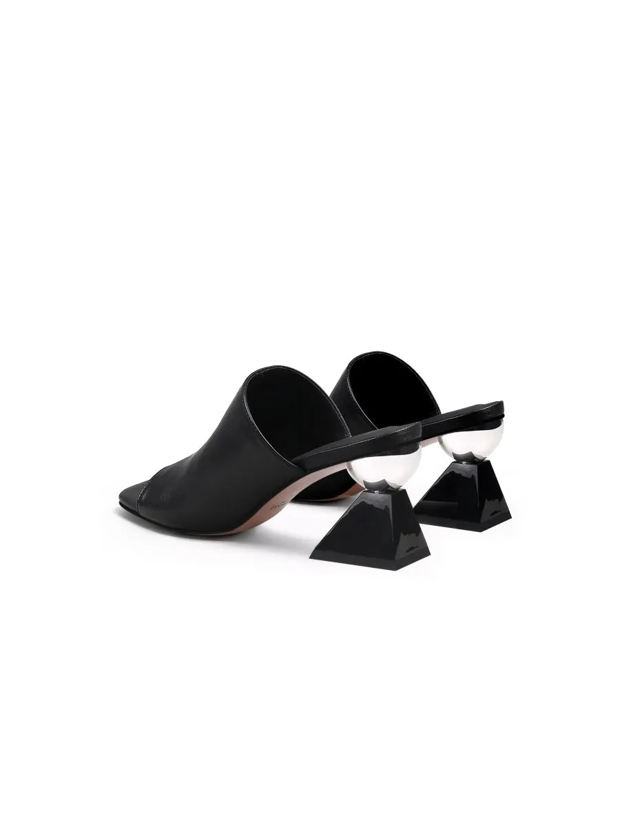 Black Triangular-Crystal Mid Heel Leather Open Toe Mules Sandals