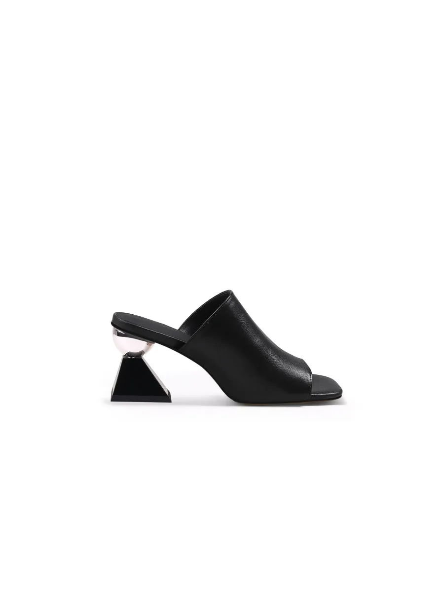 Black Triangular-Crystal Mid Heel Leather Open Toe Mules Sandals