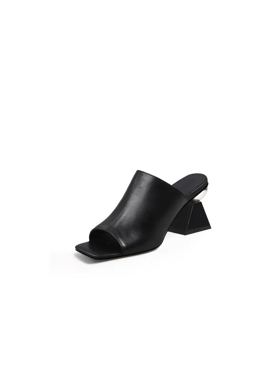 Black Triangular-Crystal Mid Heel Leather Open Toe Mules Sandals