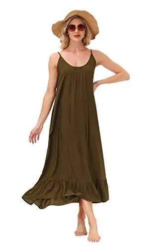 BUENOS NINOS Women's V Neck Floral Maxi Dress Boho Printed Adjustable Spaghetti Strap Ethnic Beach Long Dress with Pockets S Army Green Dress