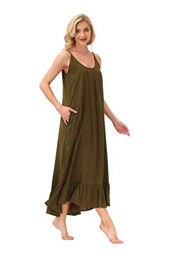 BUENOS NINOS Women's V Neck Floral Maxi Dress Boho Printed Adjustable Spaghetti Strap Ethnic Beach Long Dress with Pockets S Army Green Dress