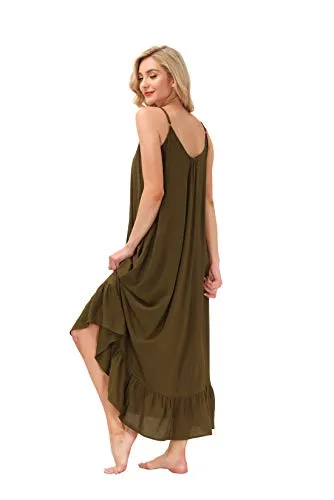 BUENOS NINOS Women's V Neck Floral Maxi Dress Boho Printed Adjustable Spaghetti Strap Ethnic Beach Long Dress with Pockets S Army Green Dress