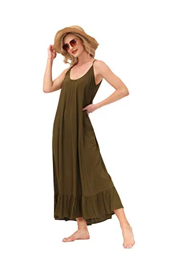 BUENOS NINOS Women's V Neck Floral Maxi Dress Boho Printed Adjustable Spaghetti Strap Ethnic Beach Long Dress with Pockets S Army Green Dress