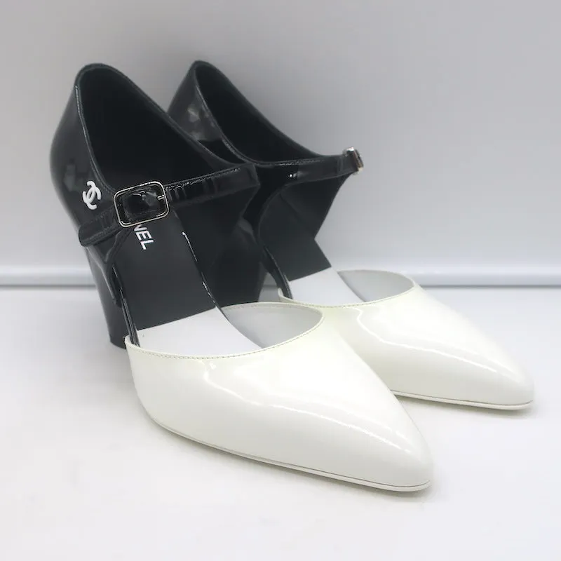 Chanel CC Bicolor Mary Jane Pumps Black & White Patent Leather Size 39 NEW