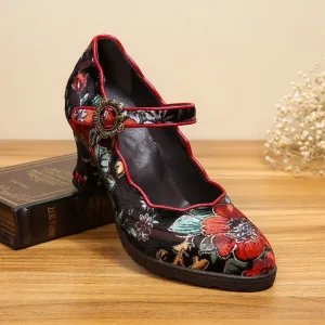 CrazycatZ Women's Leather Mary Jane Shoes Mary Jane Colorful Leather Oxfords Vintage Leather Pumps Red