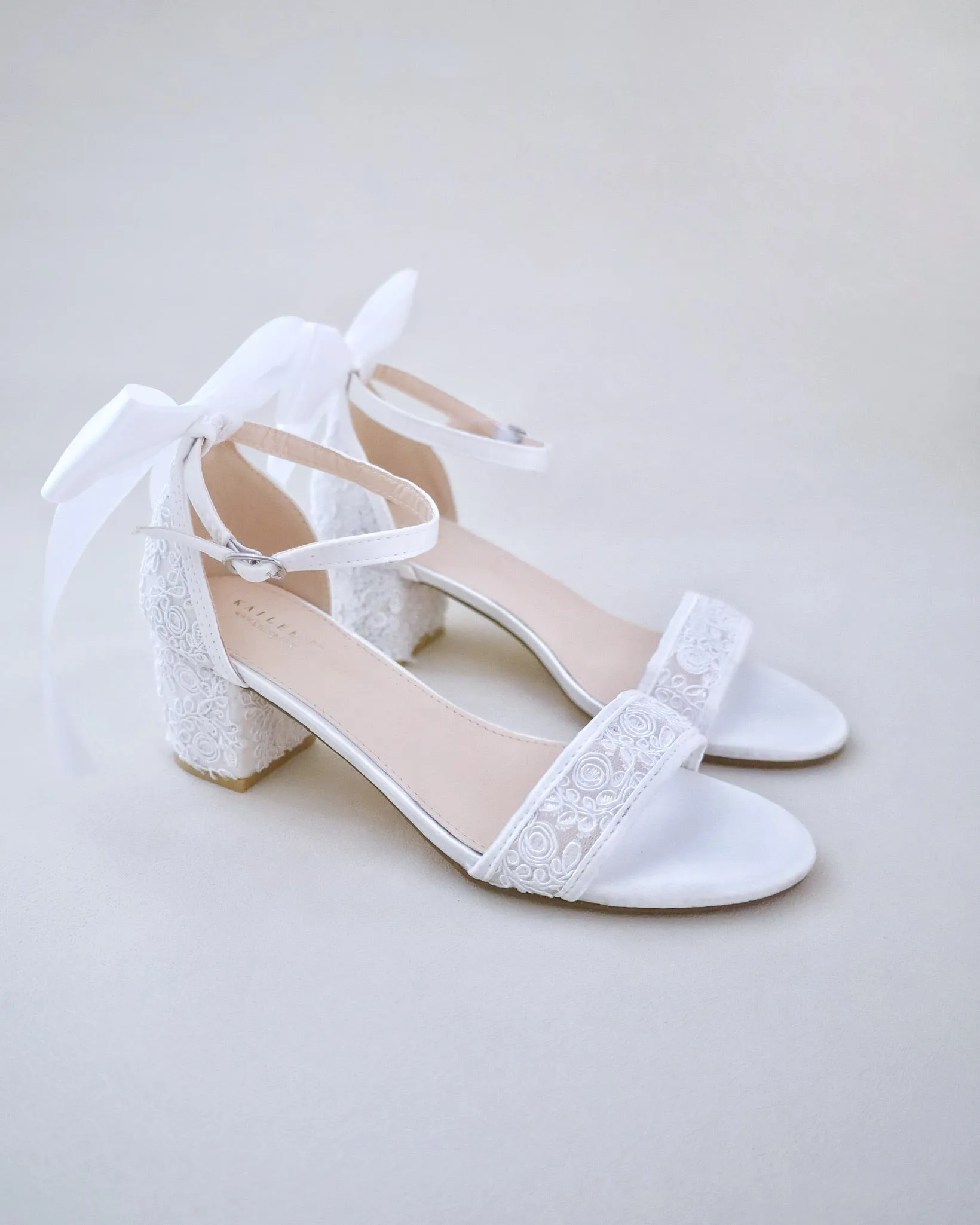Crochet Lace Block Heel Wedding Sandals with Back Satin Bow