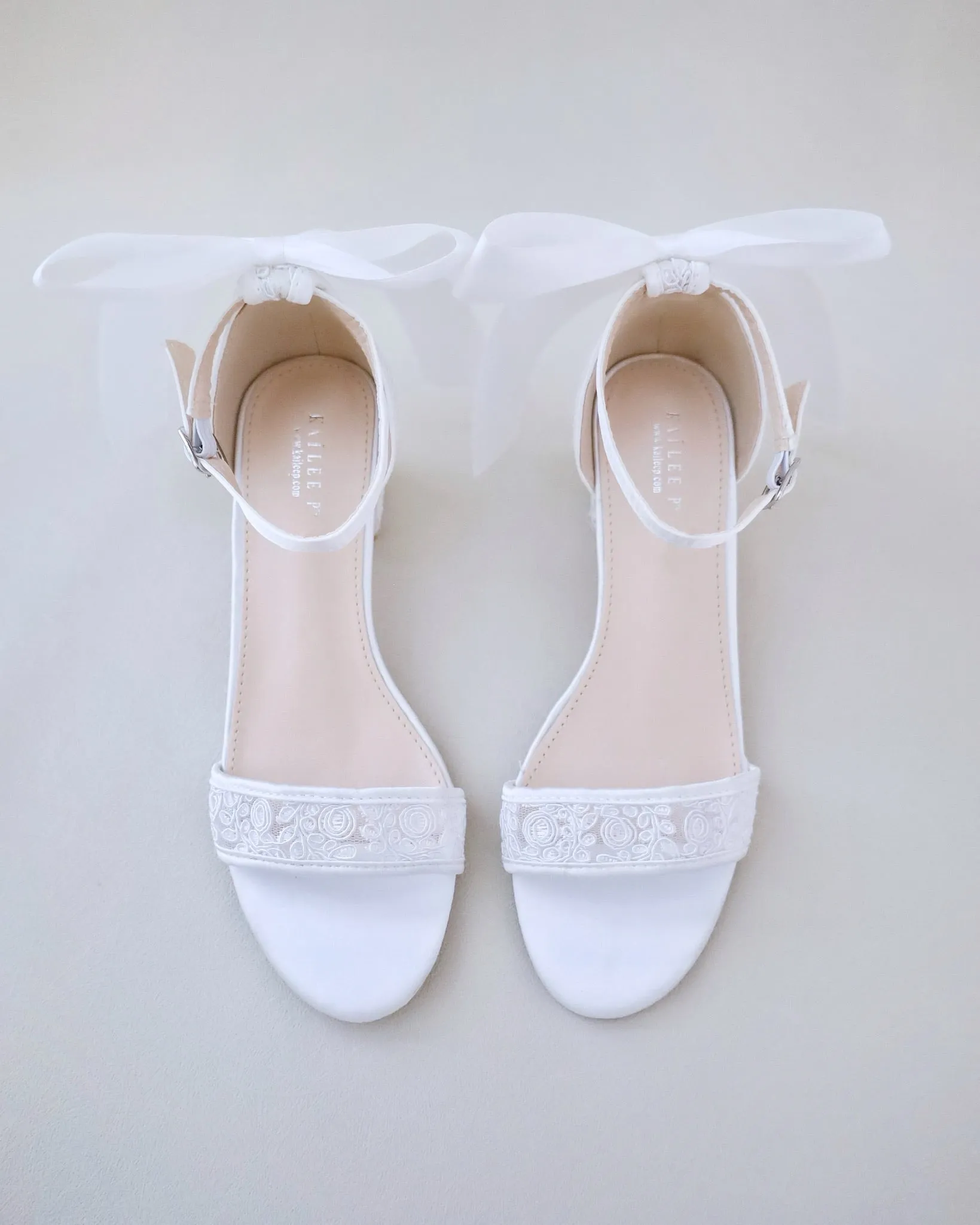 Crochet Lace Block Heel Wedding Sandals with Back Satin Bow