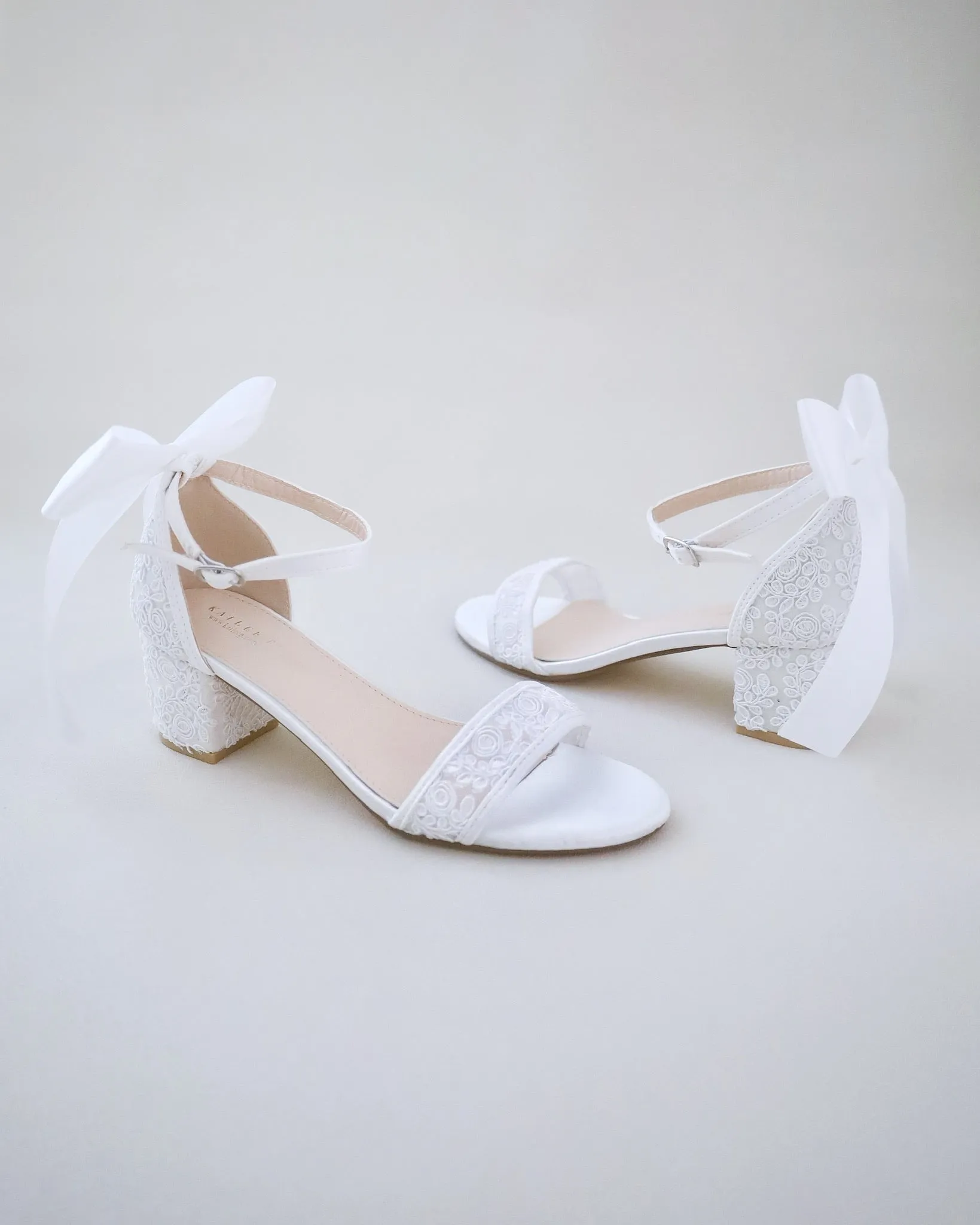 Crochet Lace Block Heel Wedding Sandals with Back Satin Bow