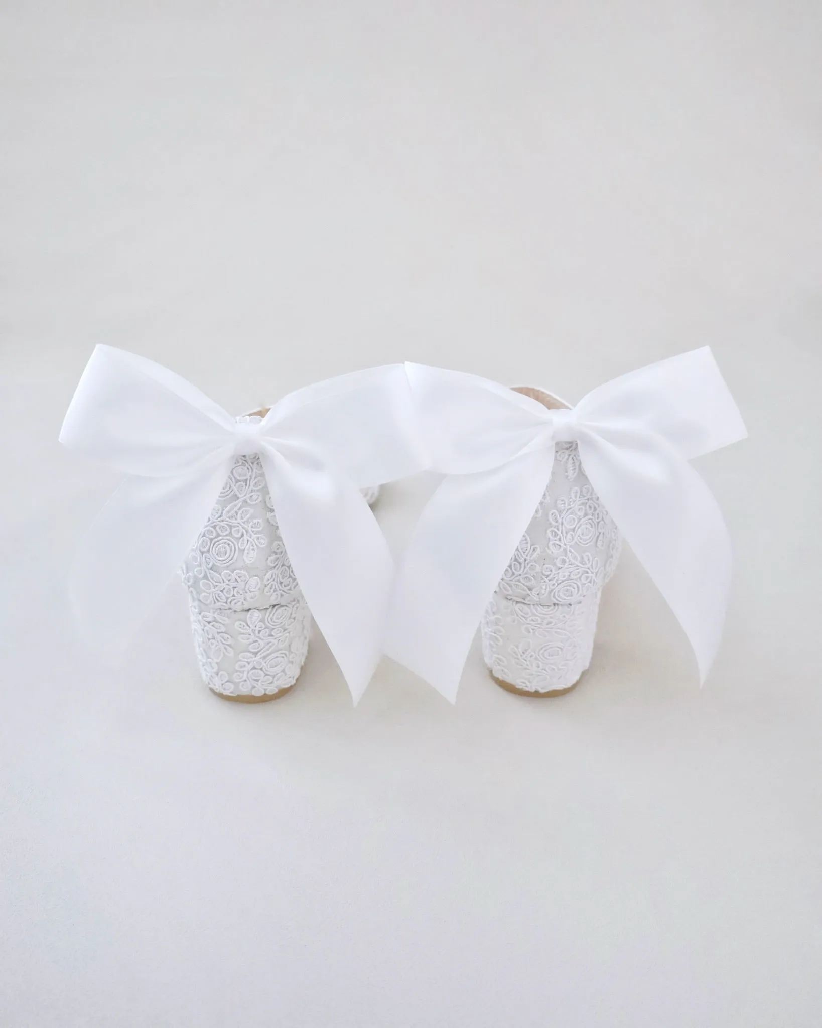 Crochet Lace Block Heel Wedding Sandals with Back Satin Bow