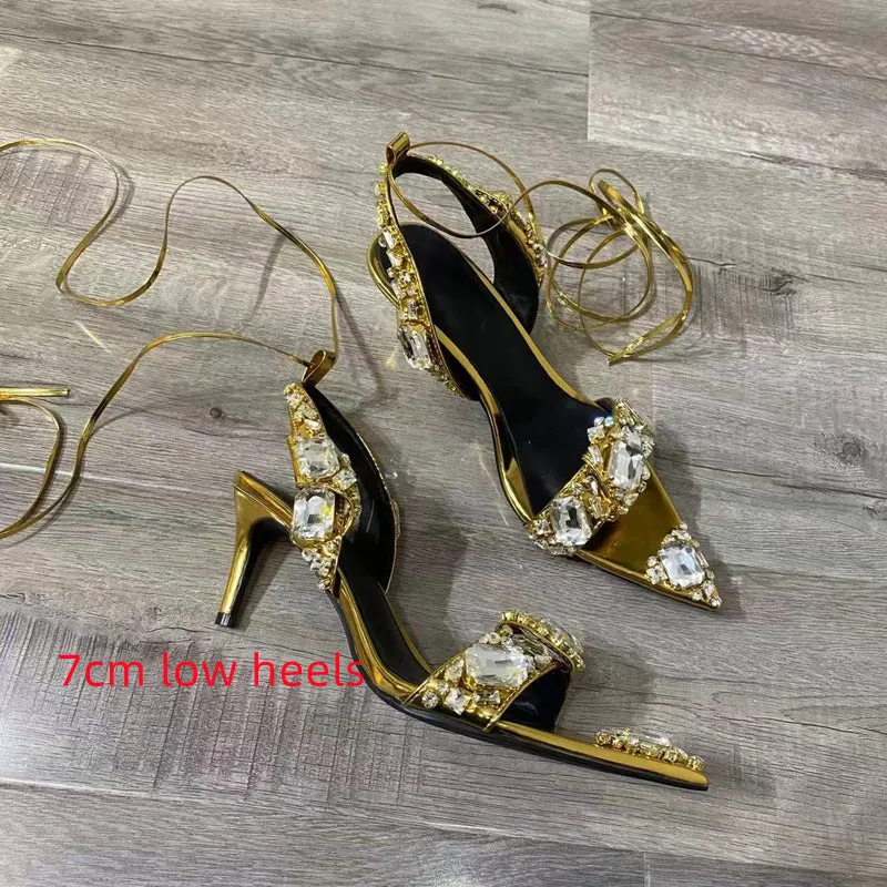 Crystal Wedding Rhinestone High Heels And Low Heel Ankle Strap Party Pointed Toe Sexy Shoes Candy Color Big Size 43