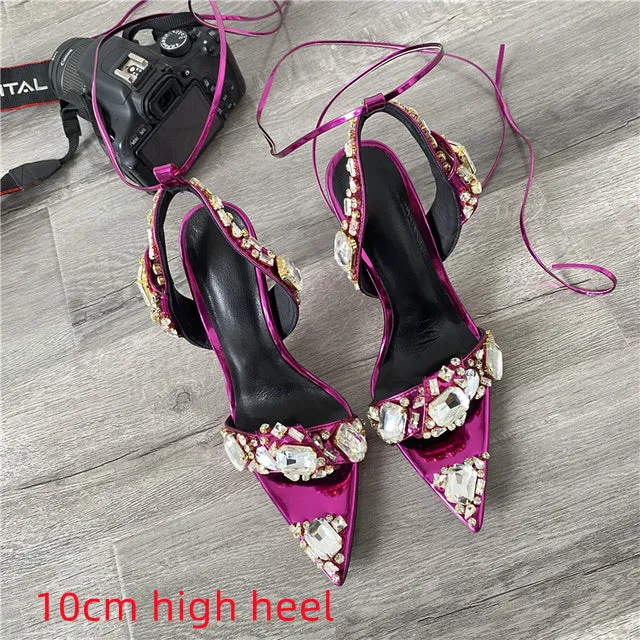 Crystal Wedding Rhinestone High Heels And Low Heel Ankle Strap Party Pointed Toe Sexy Shoes Candy Color Big Size 43