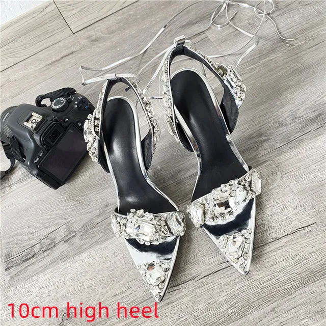 Crystal Wedding Rhinestone High Heels And Low Heel Ankle Strap Party Pointed Toe Sexy Shoes Candy Color Big Size 43