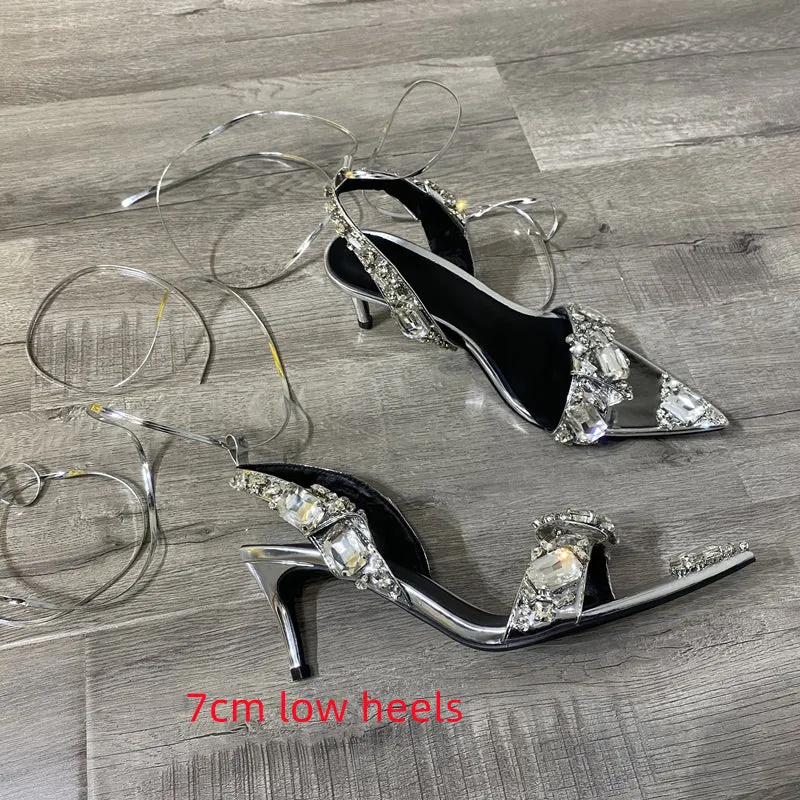 Crystal Wedding Rhinestone High Heels And Low Heel Ankle Strap Party Pointed Toe Sexy Shoes Candy Color Big Size 43
