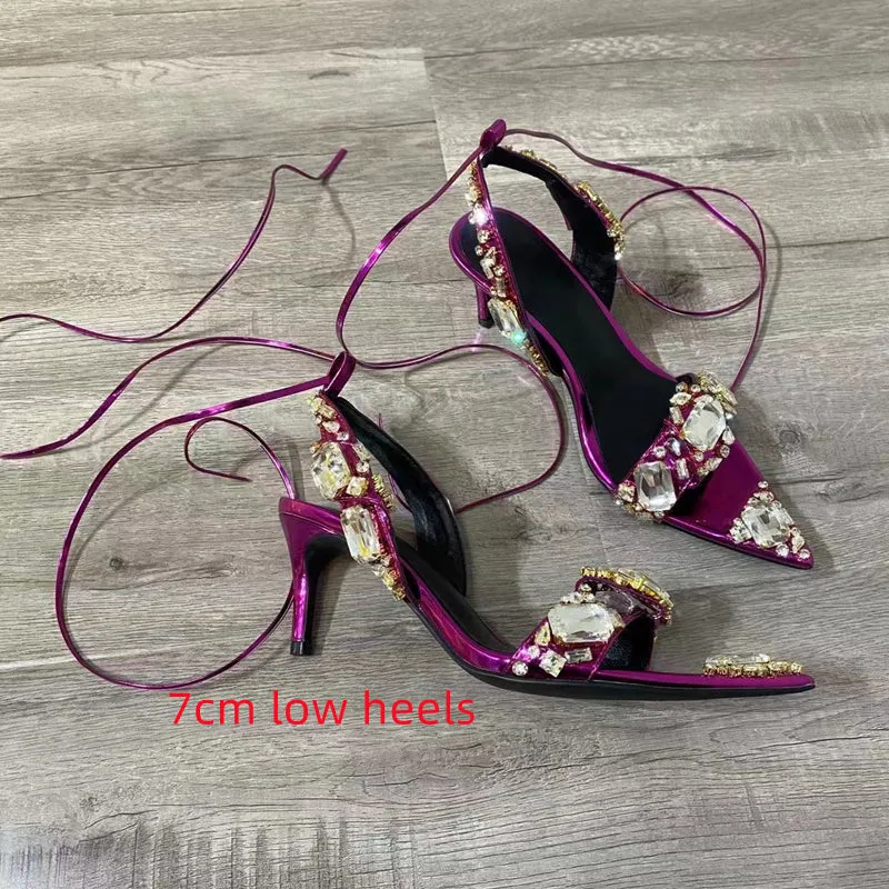 Crystal Wedding Rhinestone High Heels And Low Heel Ankle Strap Party Pointed Toe Sexy Shoes Candy Color Big Size 43