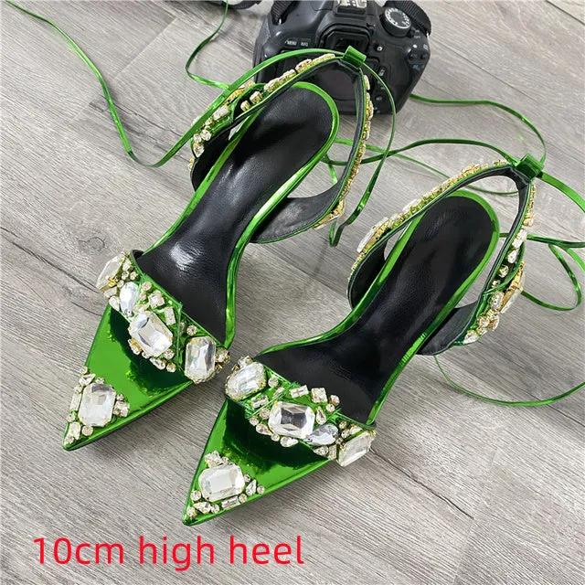 Crystal Wedding Rhinestone High Heels And Low Heel Ankle Strap Party Pointed Toe Sexy Shoes Candy Color Big Size 43