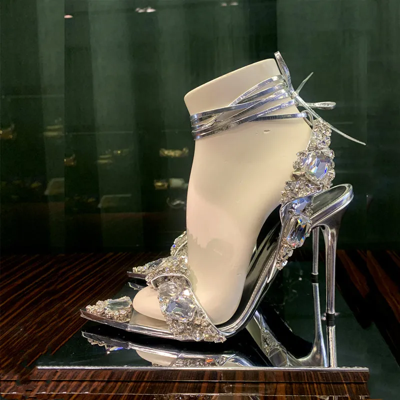 Crystal Wedding Rhinestone High Heels And Low Heel Ankle Strap Party Pointed Toe Sexy Shoes Candy Color Big Size 43