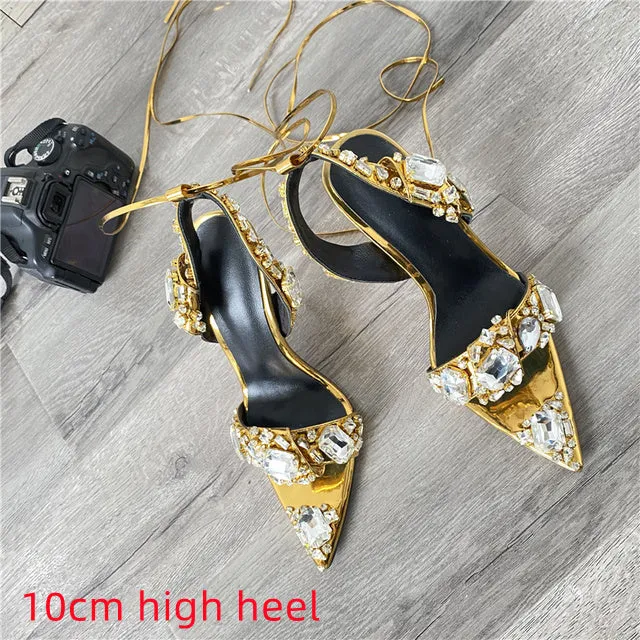 Crystal Wedding Rhinestone High Heels And Low Heel Ankle Strap Party Pointed Toe Sexy Shoes Candy Color Big Size 43